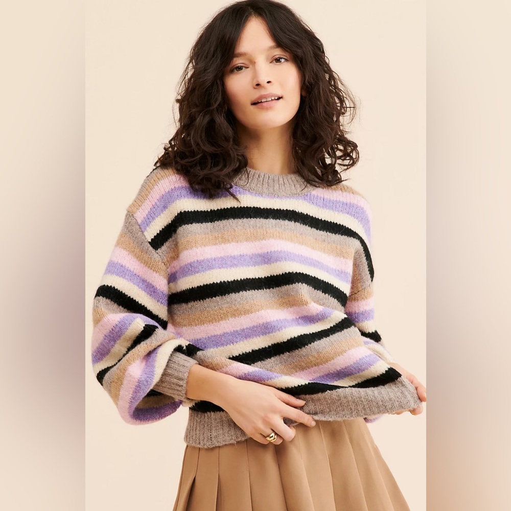 Anthropologie Striped Ribbed Sweater Colorful Knit Wool Blend Size XL